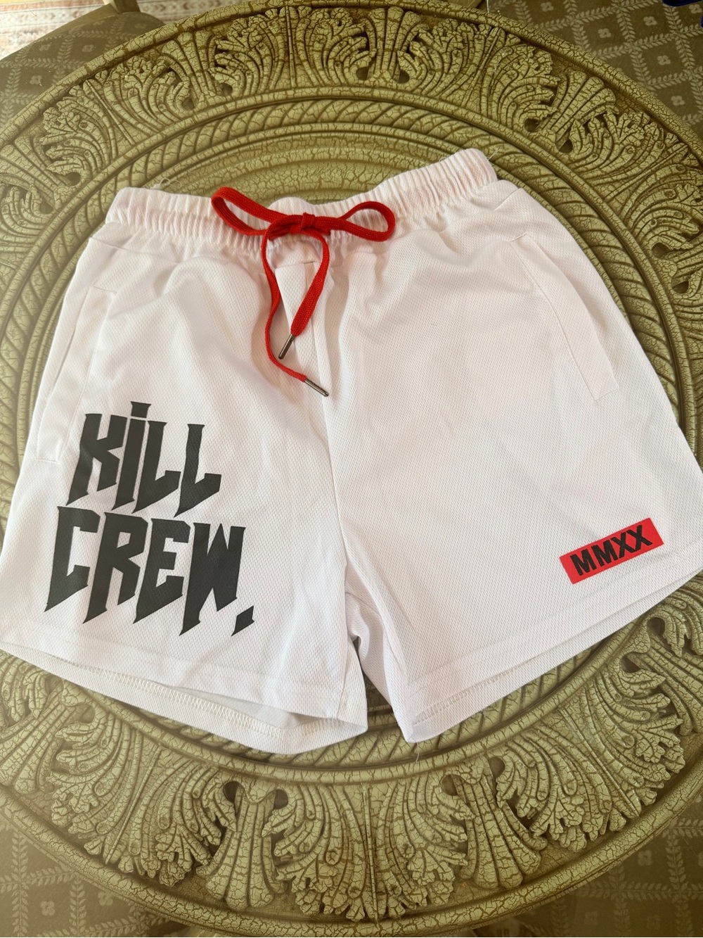 Kill Crew White Athletic Shorts with Red Drawstring and Black Graphic